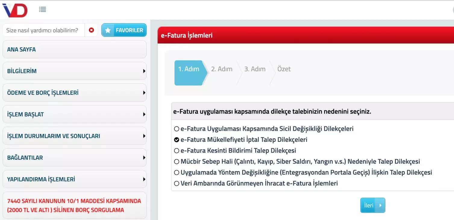 e-Fatura Mükellefiyeti Kapatma Adım 2