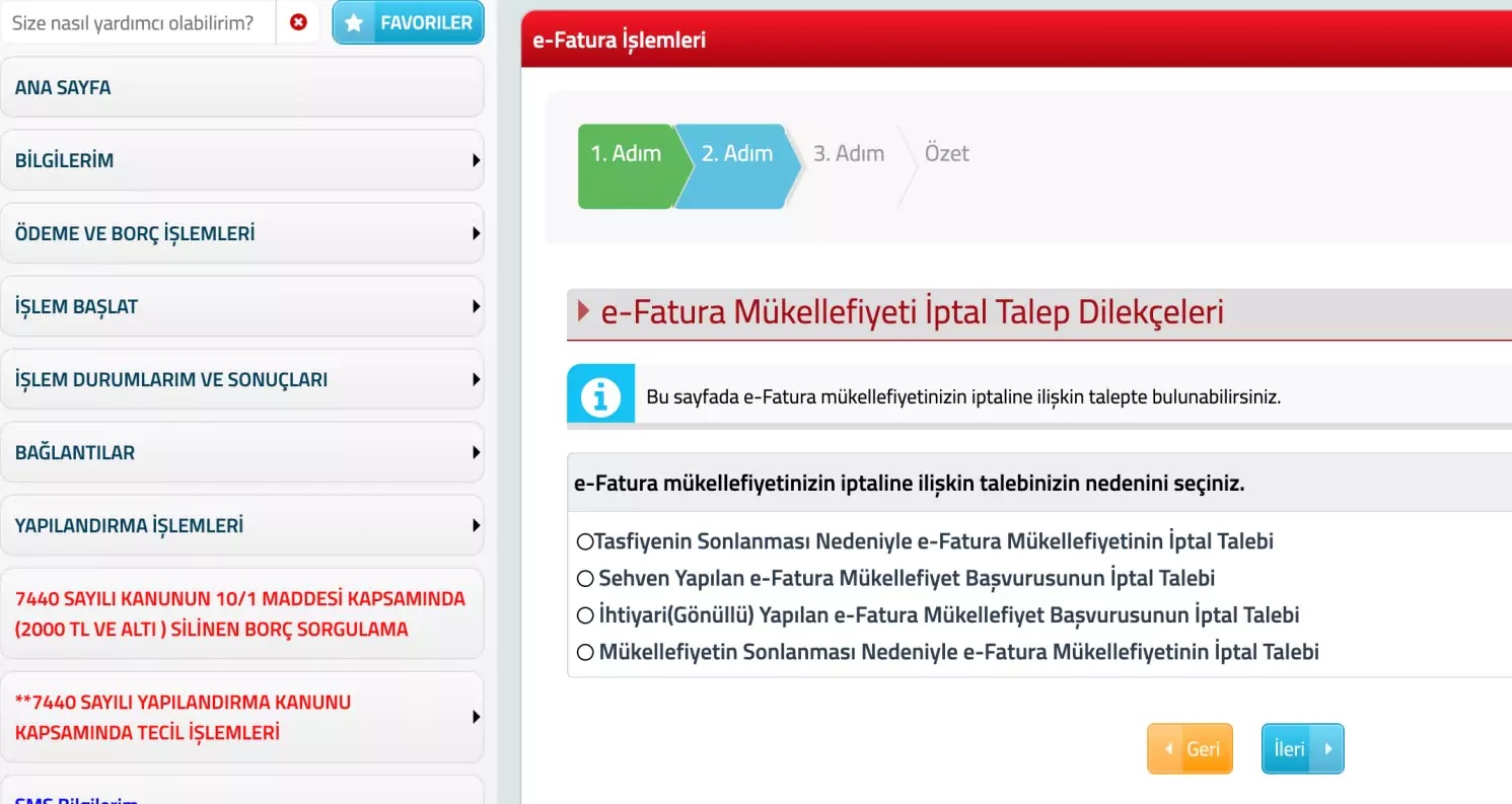 e-Fatura Mükellefiyeti Kapatma Adım 3