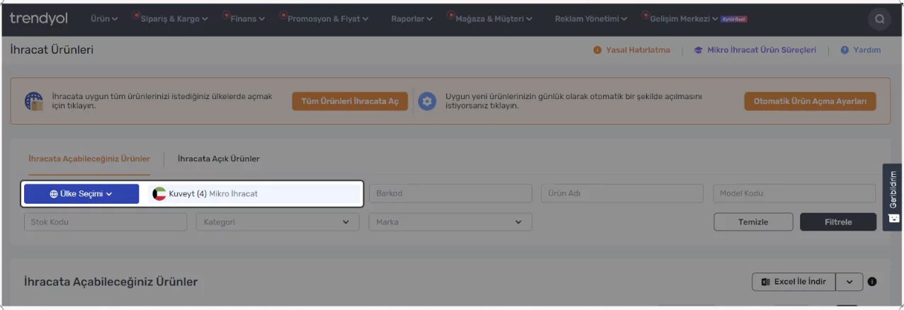 İhracat Ürünleri Sekmesi